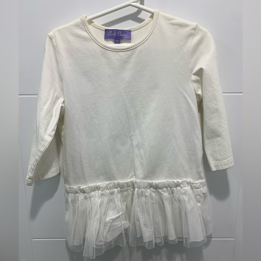 Girls White Shirt with Ruffle Tulle Trim